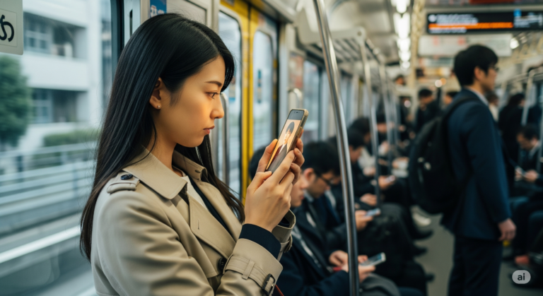 隙間時間でショートドラマを視聴する女性